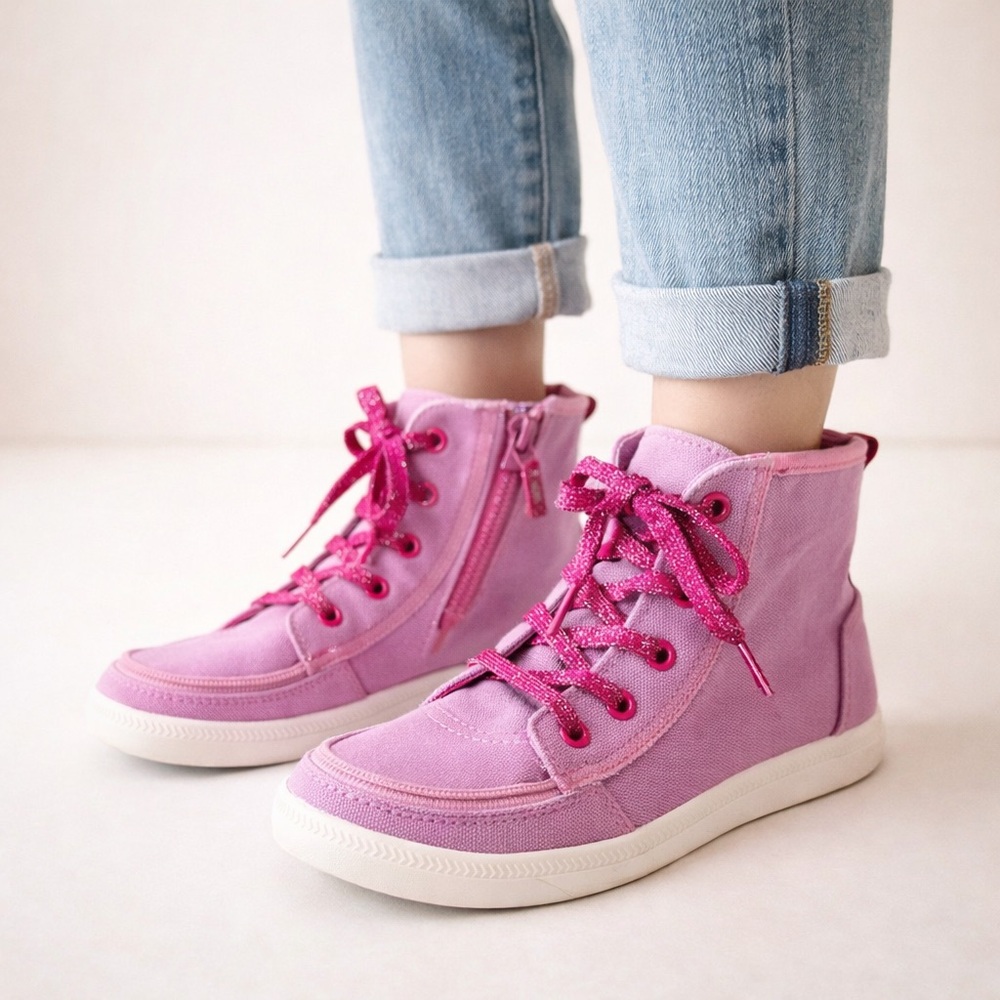 Girls Pink Canvas High Top Sneakers Zip Lace Glitter Laces Size 5
